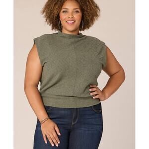 Democracy Womens Plus Cap Sleeve Funnel Neck Banded Knit Top Heather Olive Green